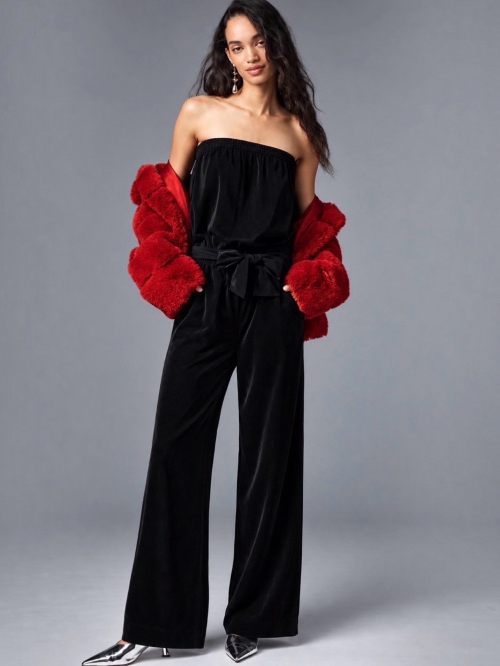 Bishop + Young Gemma Black Strapless Wide Leg Tie Waist Jumpsuit M NWT
